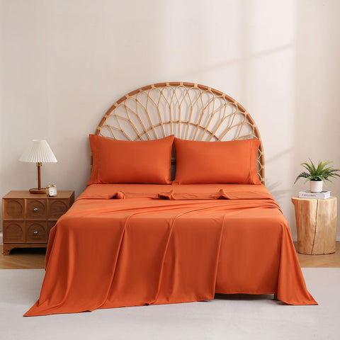 JSD Burnt Orange Queen Sheet Set care instructions illustrating cold wash and tumble dry