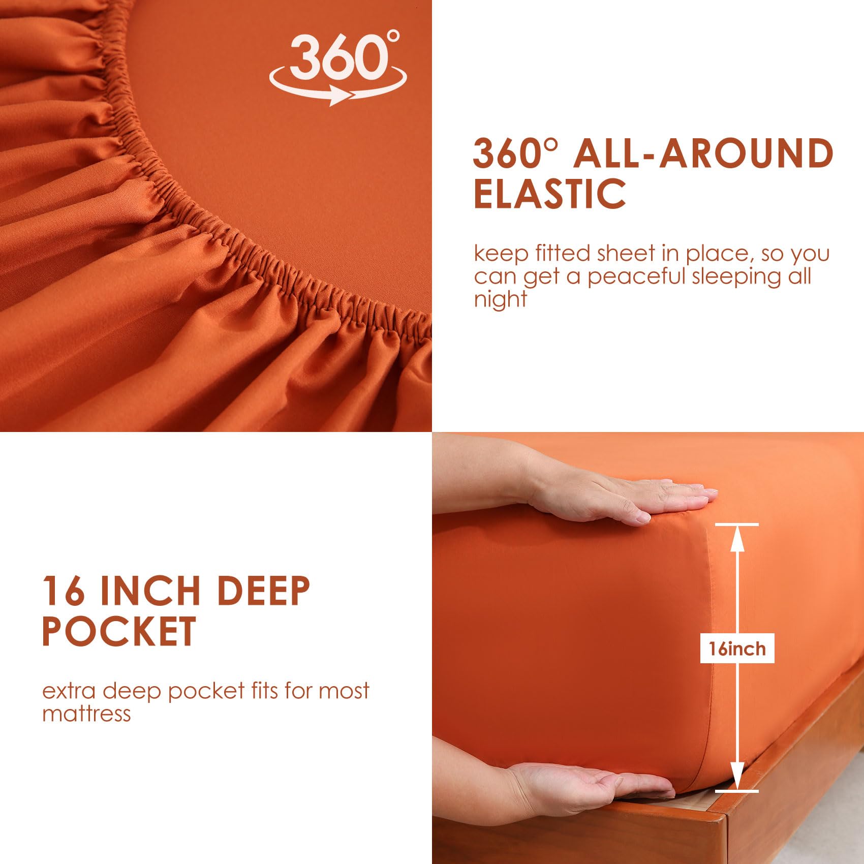 JSD Burnt Orange Queen Sheet Set deep pocket view showing secure fit