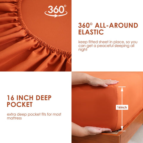 JSD Burnt Orange Queen Sheet Set deep pocket view showing secure fit