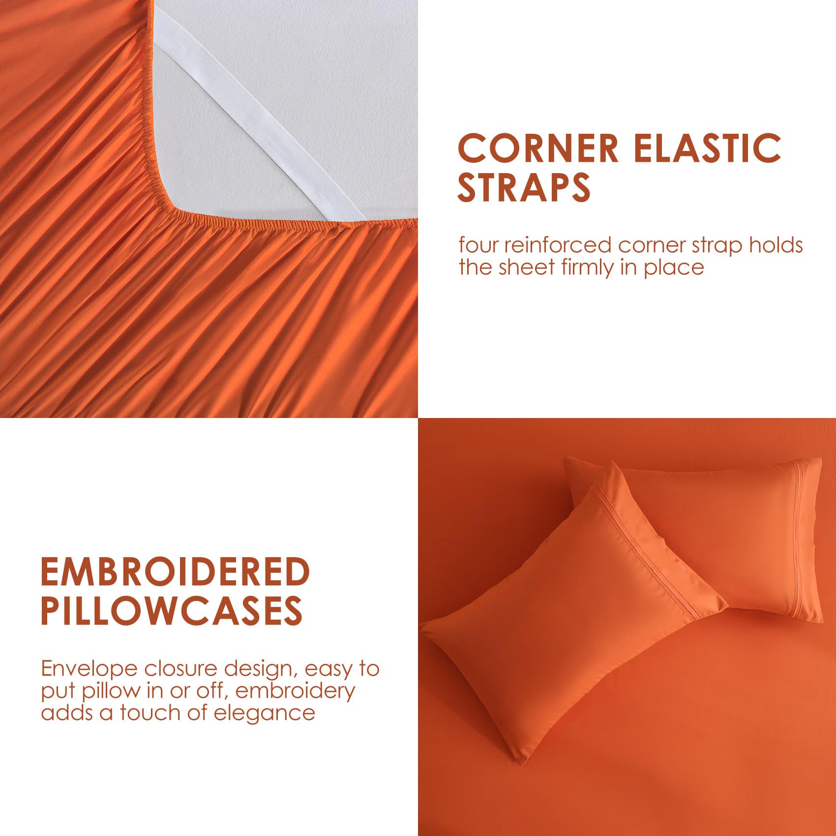 JSD Burnt Orange Queen Sheet Set pillowcases closeup with neat hems