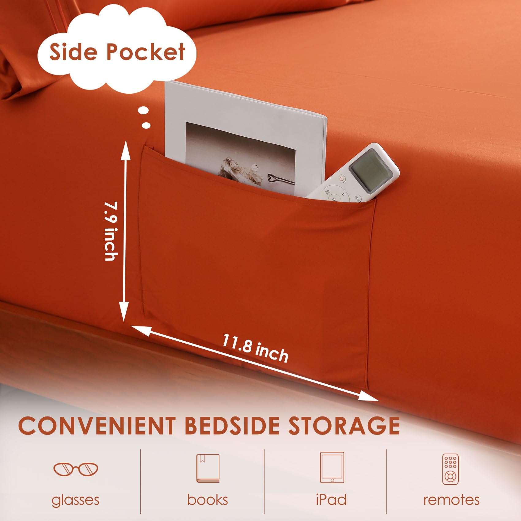 JSD Burnt Orange Queen Sheet Set side pocket closeup highlighting convenient storage