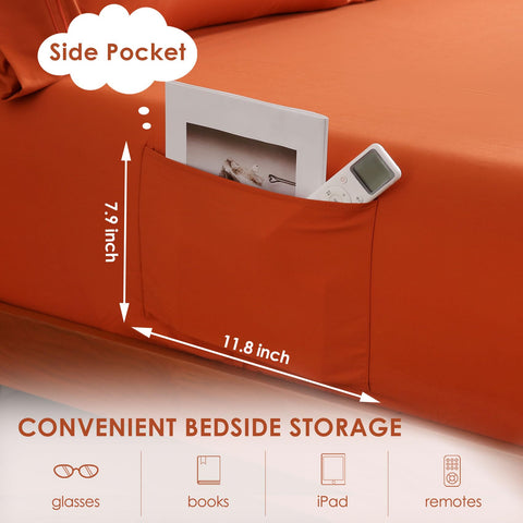 JSD Burnt Orange Queen Sheet Set side pocket closeup highlighting convenient storage