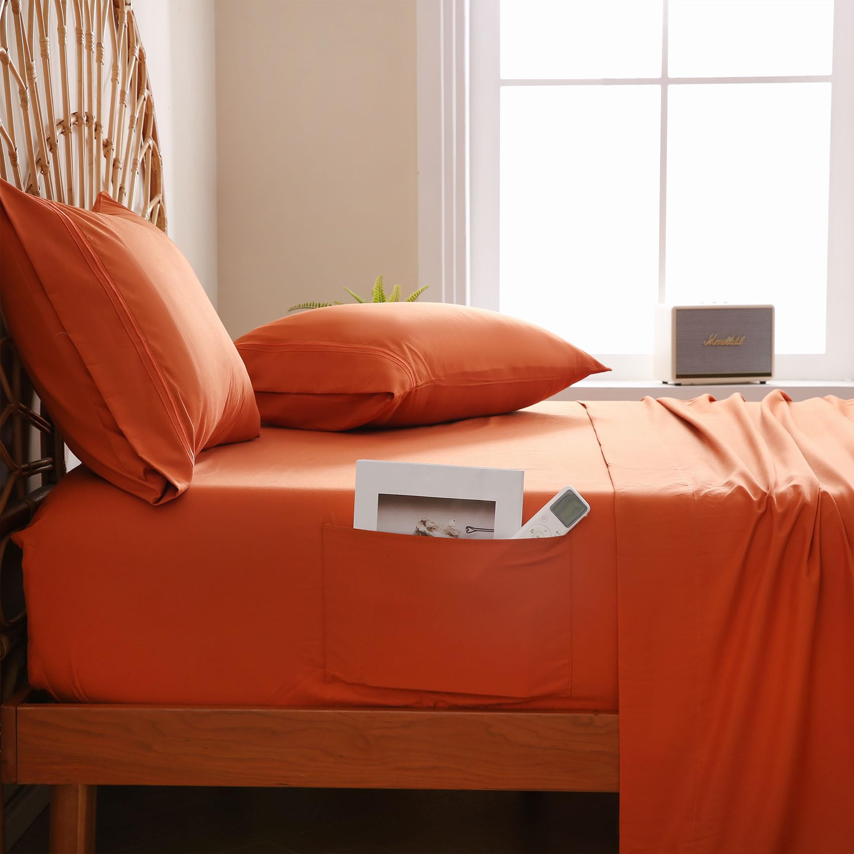 JSD Burnt Orange Queen Sheet Set wrinkle resistance on neatly made bed