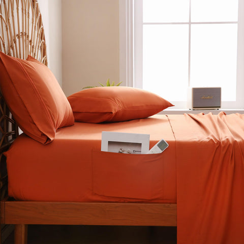 JSD Burnt Orange Queen Sheet Set wrinkle resistance on neatly made bed