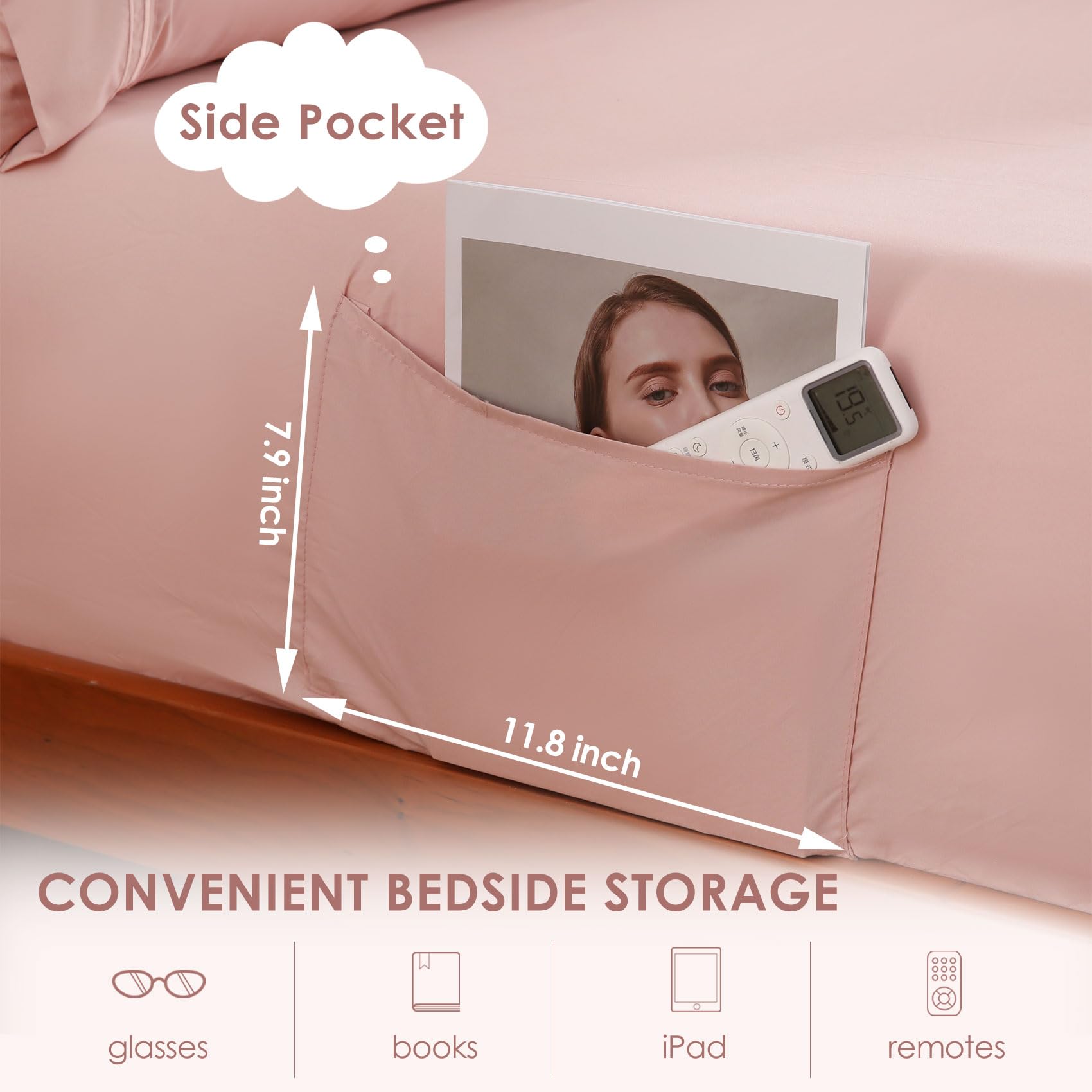 JSD Dusty Pink Queen Sheet Set with 16-inch deep-pocket fitted sheet for secure fit.