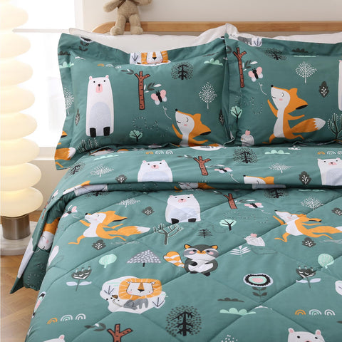 JSD forest animals print on dark-green background enhances bedtime theme.