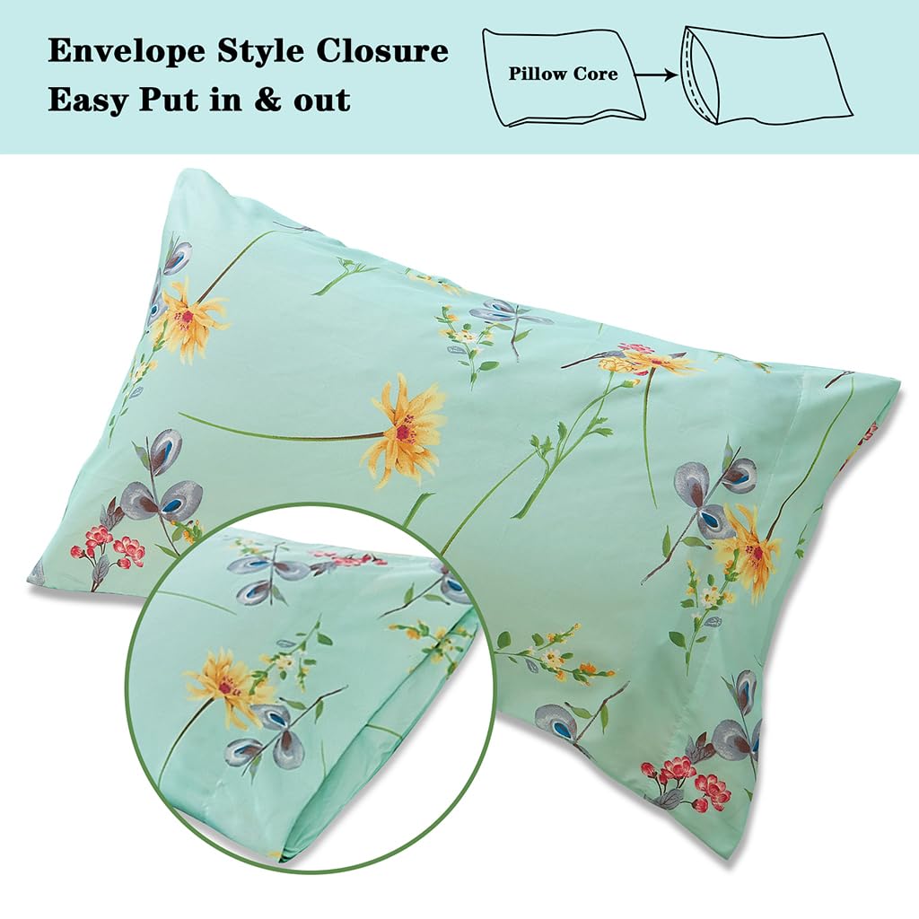 JSD green floral printed queen fitted sheet with extra deep pocket for secure overnight fit