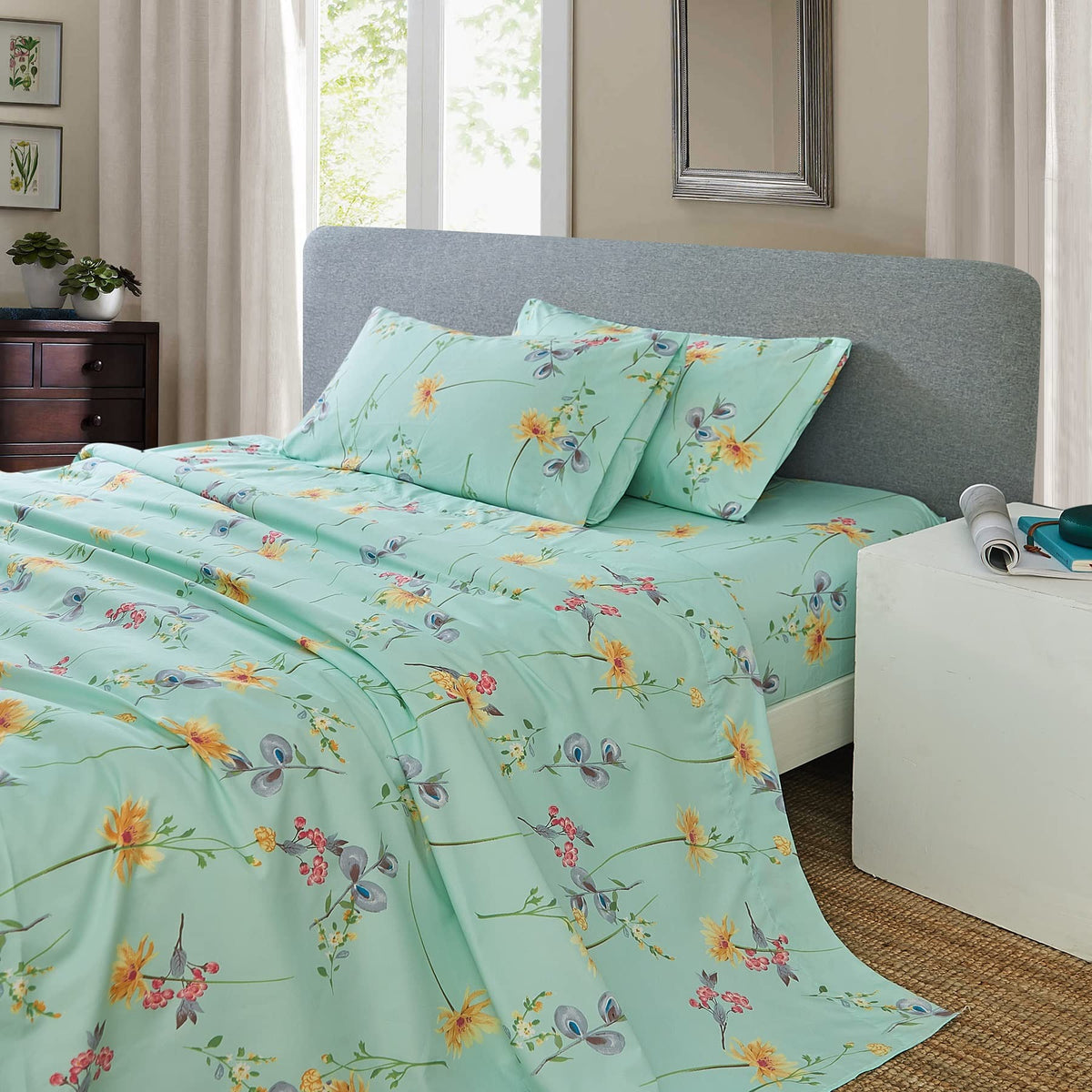 JSD green floral printed sheet set in queen flat sheet highlighting fresh color for your bed