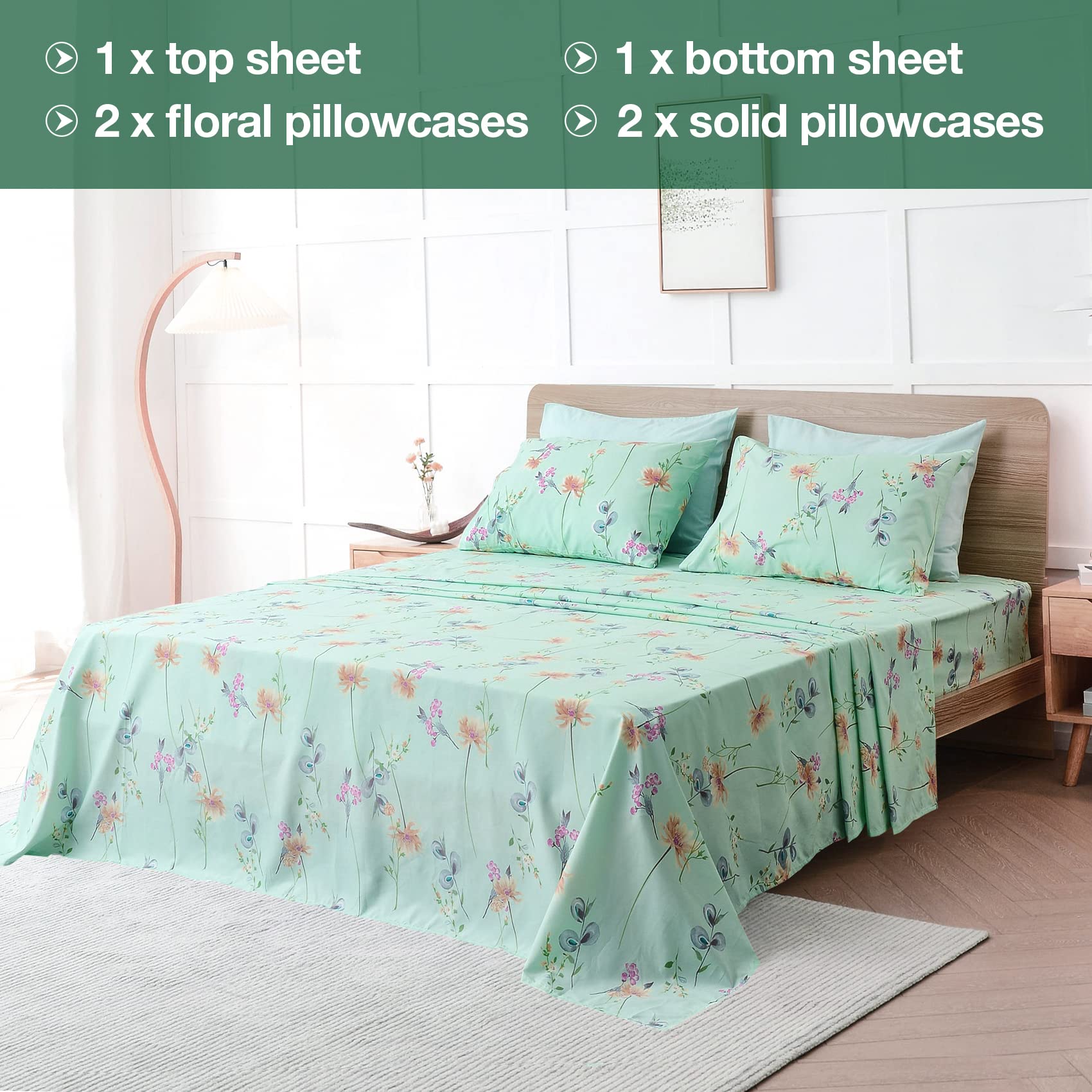 JSD Green Floral Queen fitted sheet with deep pocket keeps sheets in place.