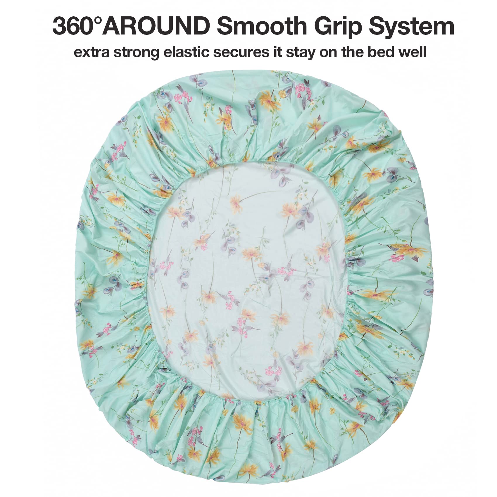 JSD Green Floral Queen microfiber close-up shows soft touch and wrinkle resistance.