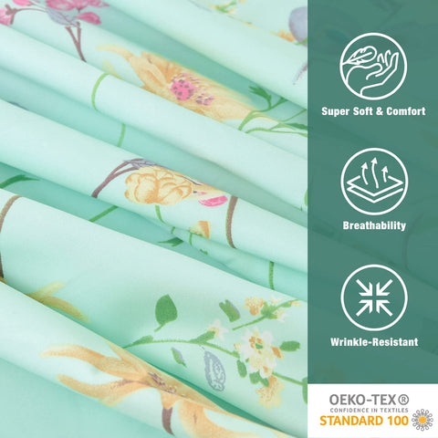 JSD Green Floral Queen packaging highlights care tips and set contents.
