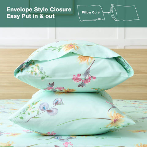 JSD Green Floral Queen printed pillowcases brighten the bed without clashing decor.