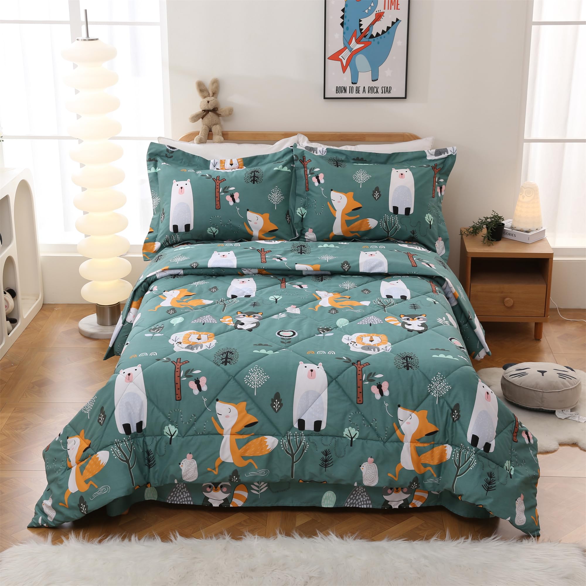 JSD Green Forest Animals comforter on twin bed for cozy kids' sleep.