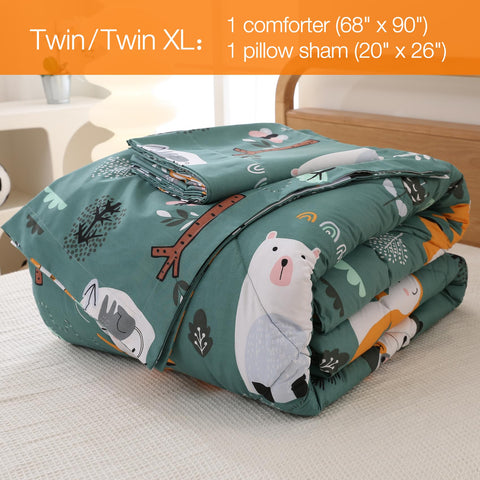 JSD green forest print bedding highlights adorable woodland design.