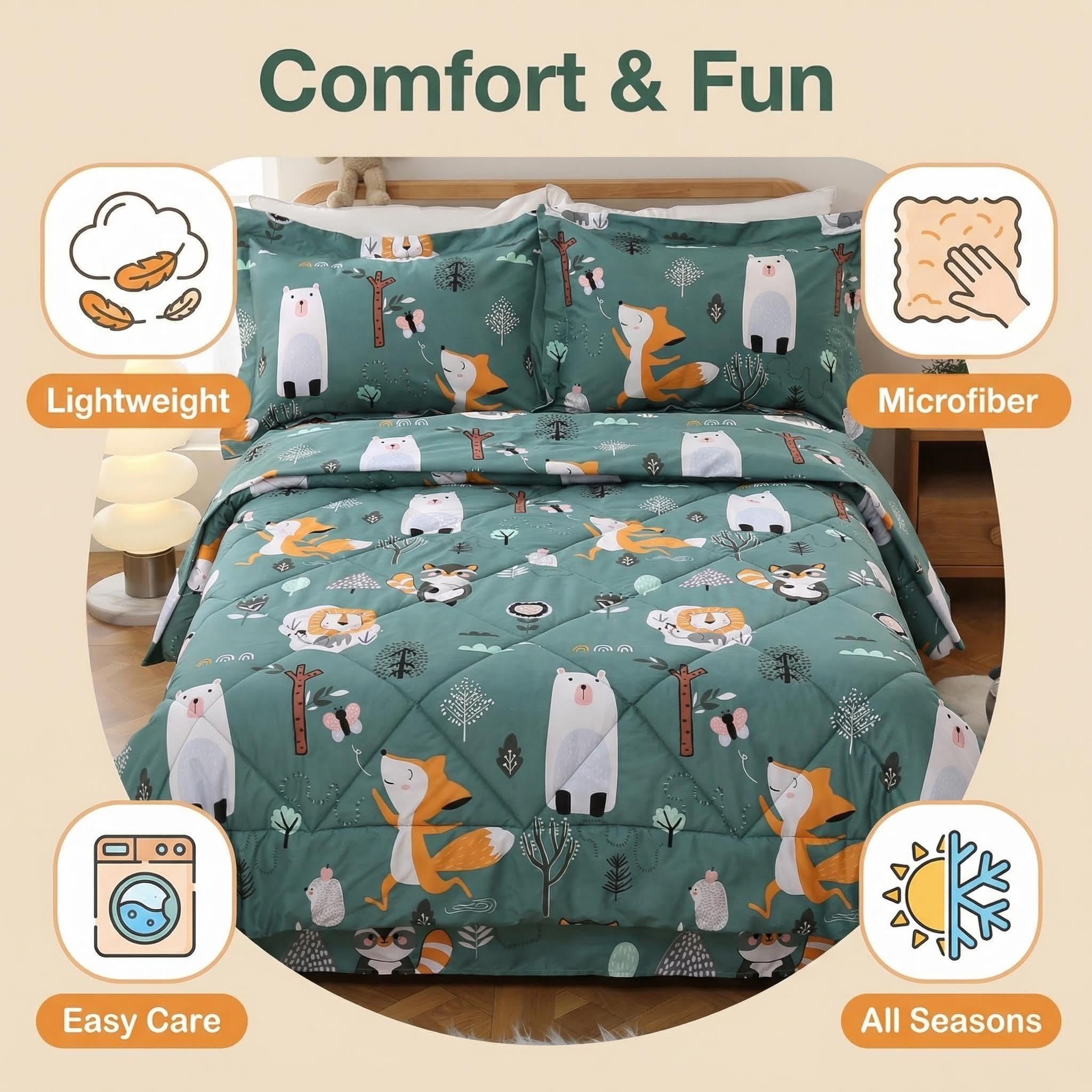 JSD kids bedding set on bed demonstrates lightweight, breathable warmth.