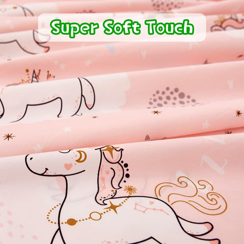 Kid’s bedroom scene featuring JSD Pink Unicorn sheets on a bed