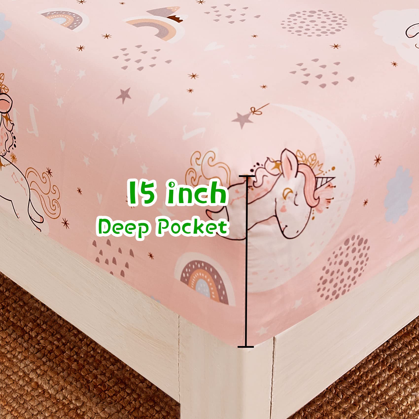 Envelope pillowcases from JSD Pink Unicorn sheet set visible on bed