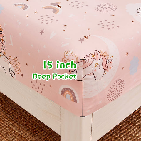 Envelope pillowcases from JSD Pink Unicorn sheet set visible on bed