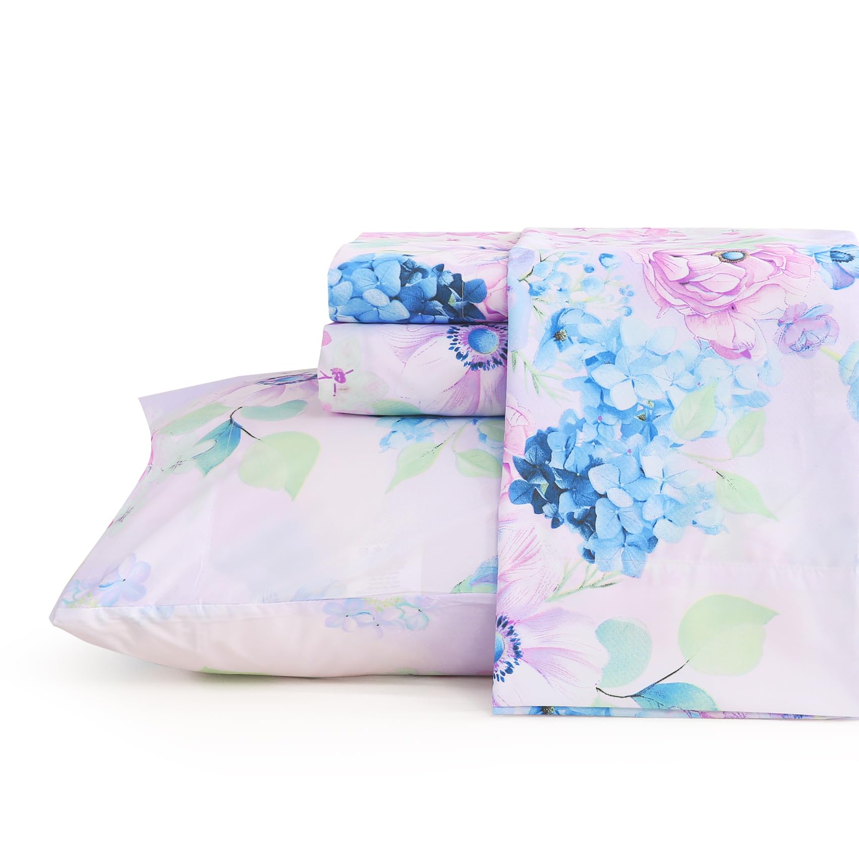 JSD purple hydrangea flat sheet on queen 4pc set for breathable comfort