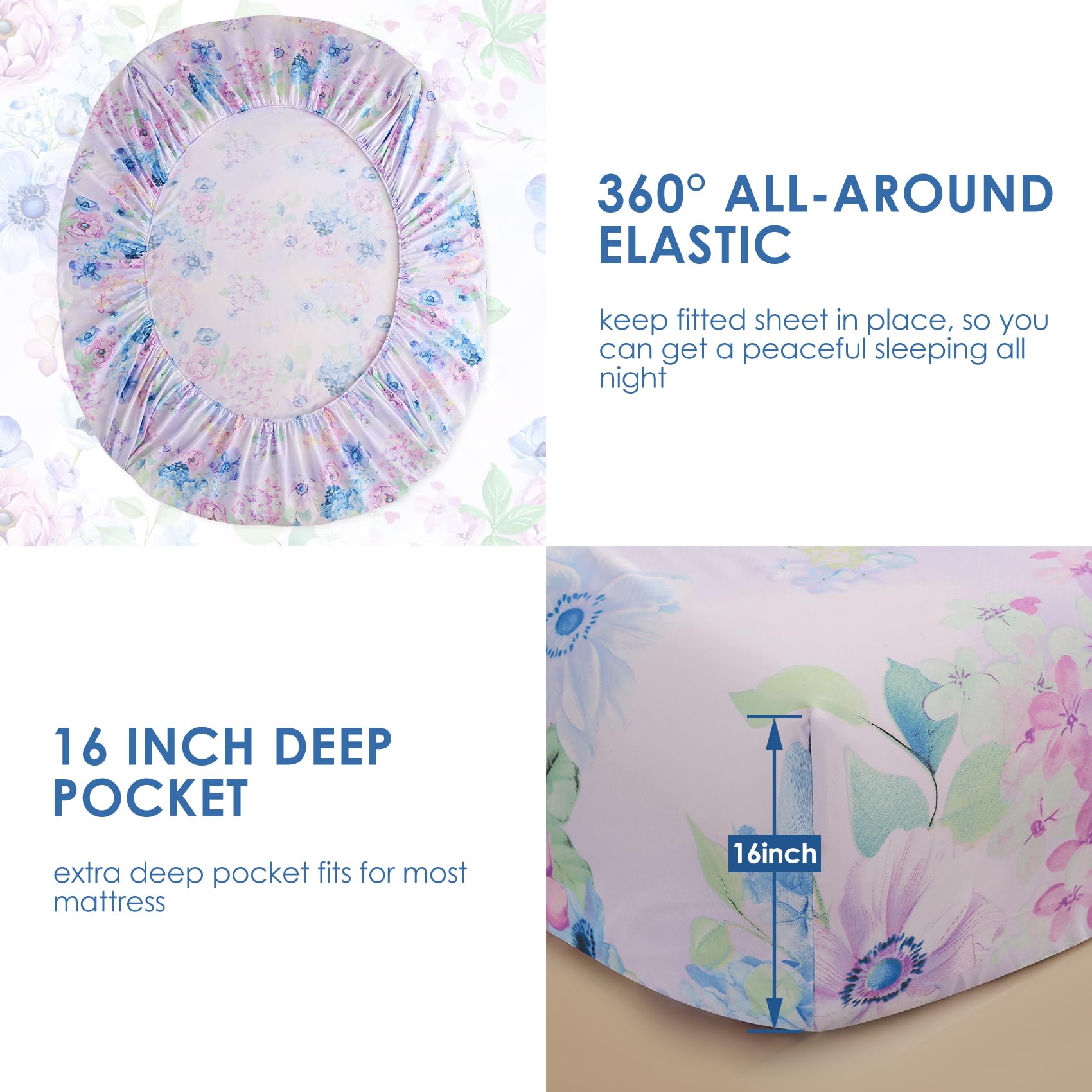 Close-up of JSD purple hydrangea floral pattern on queen set