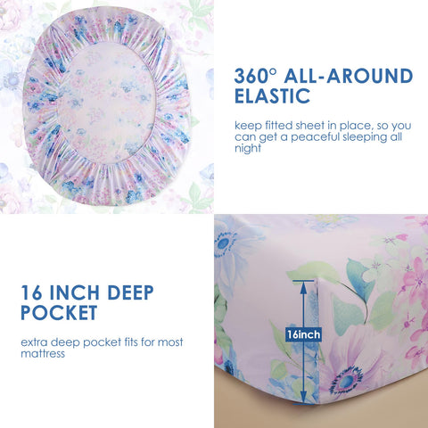 Close-up of JSD purple hydrangea floral pattern on queen set