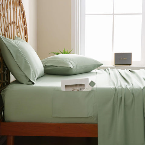 JSD Sage Green bed setup demonstrating a calm, coordinated bedroom look