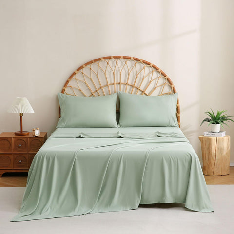 Corner straps on JSD Sage Green sheet set for extra security and stay-on-bed fit