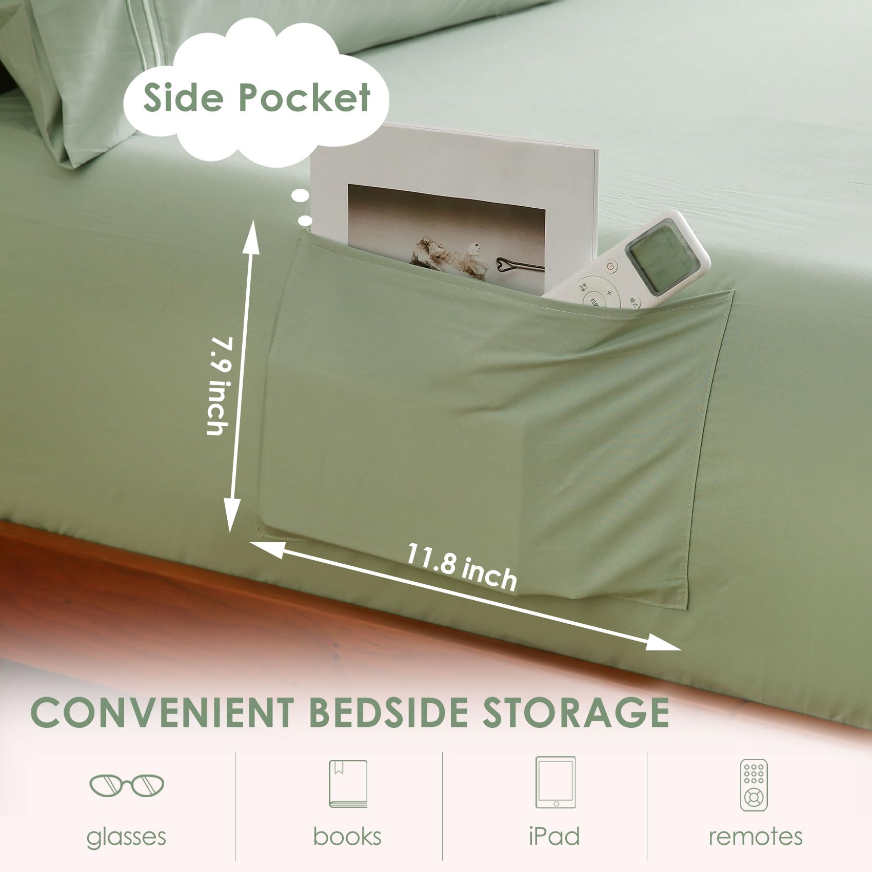 JSD Sage Green flat sheet highlighting generous queen size dimensions