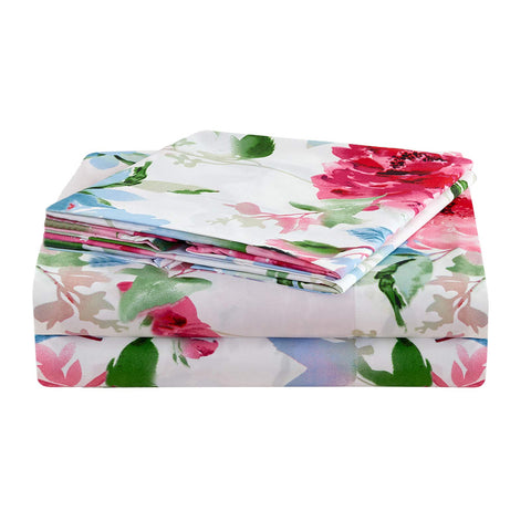 JSD Watercolor Rose Floral Sheet Set on a queen bed with vivid pattern
