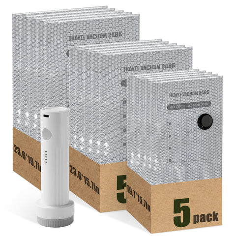 JSTQLT vacuum seal bags travel set showing compact clothing storage