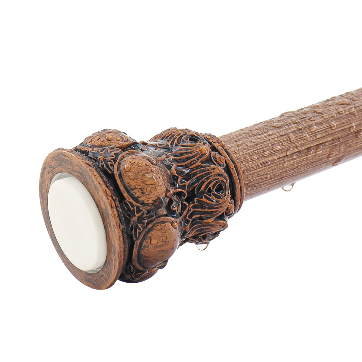JTDTH vintage wood grain shower rod close-up showing decorative finials for timeless bathroom style