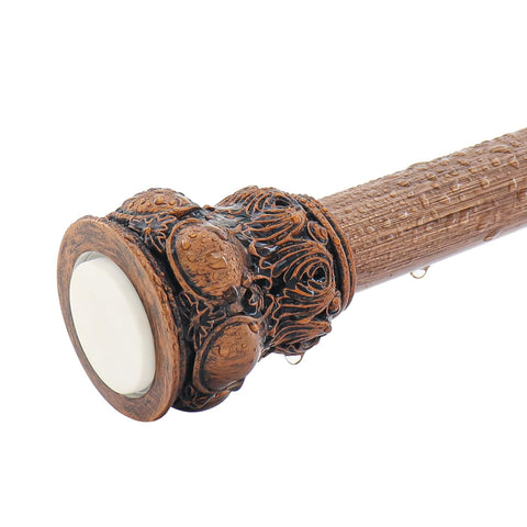 JTDTH vintage wood grain shower rod close-up showing decorative finials for timeless bathroom style
