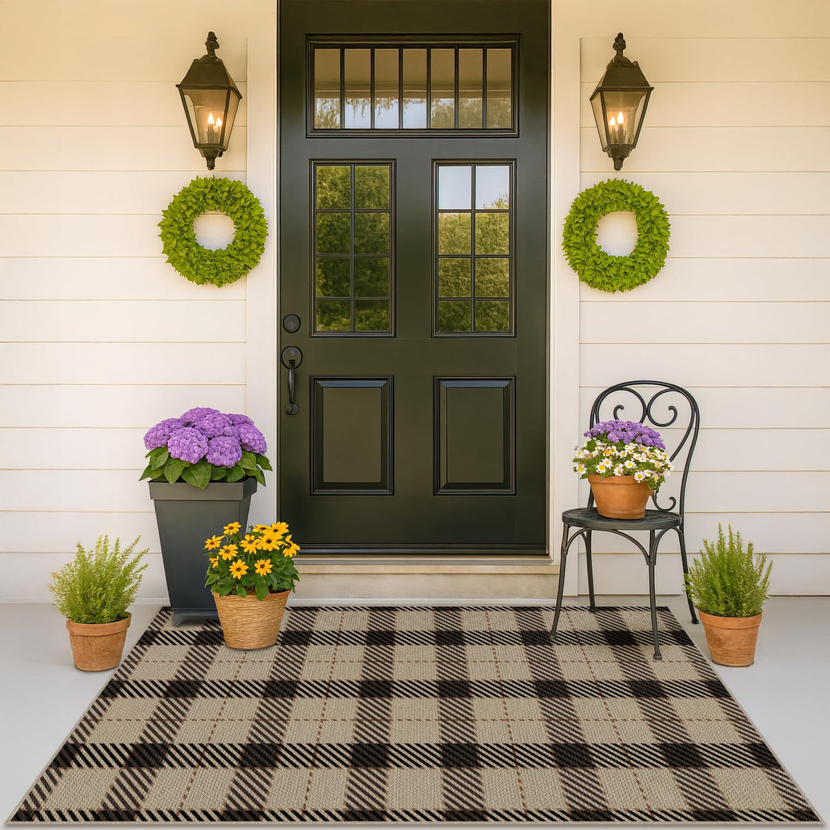 JTJ washable plaid rug on front porch with rustic entryway appeal