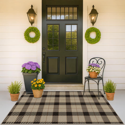 JTJ washable plaid rug on front porch with rustic entryway appeal