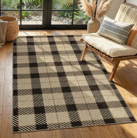 JTJ washable plaid rug on patio with non-slip backing for outdoor safety