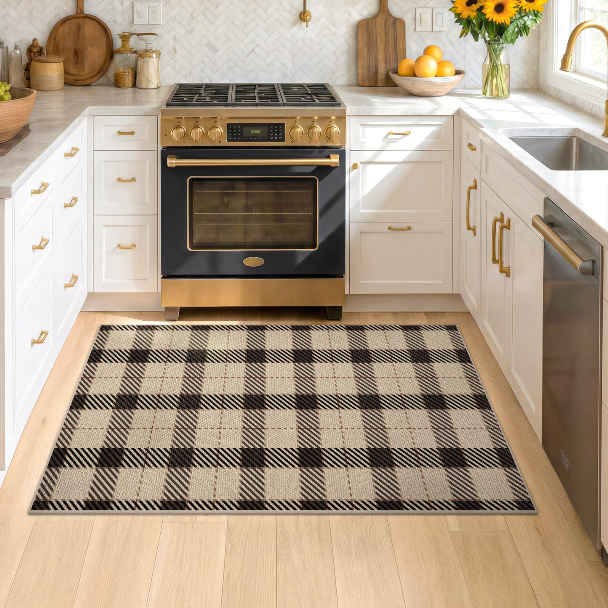 Non-slip TPR backing on JTJ plaid rug for stable placement