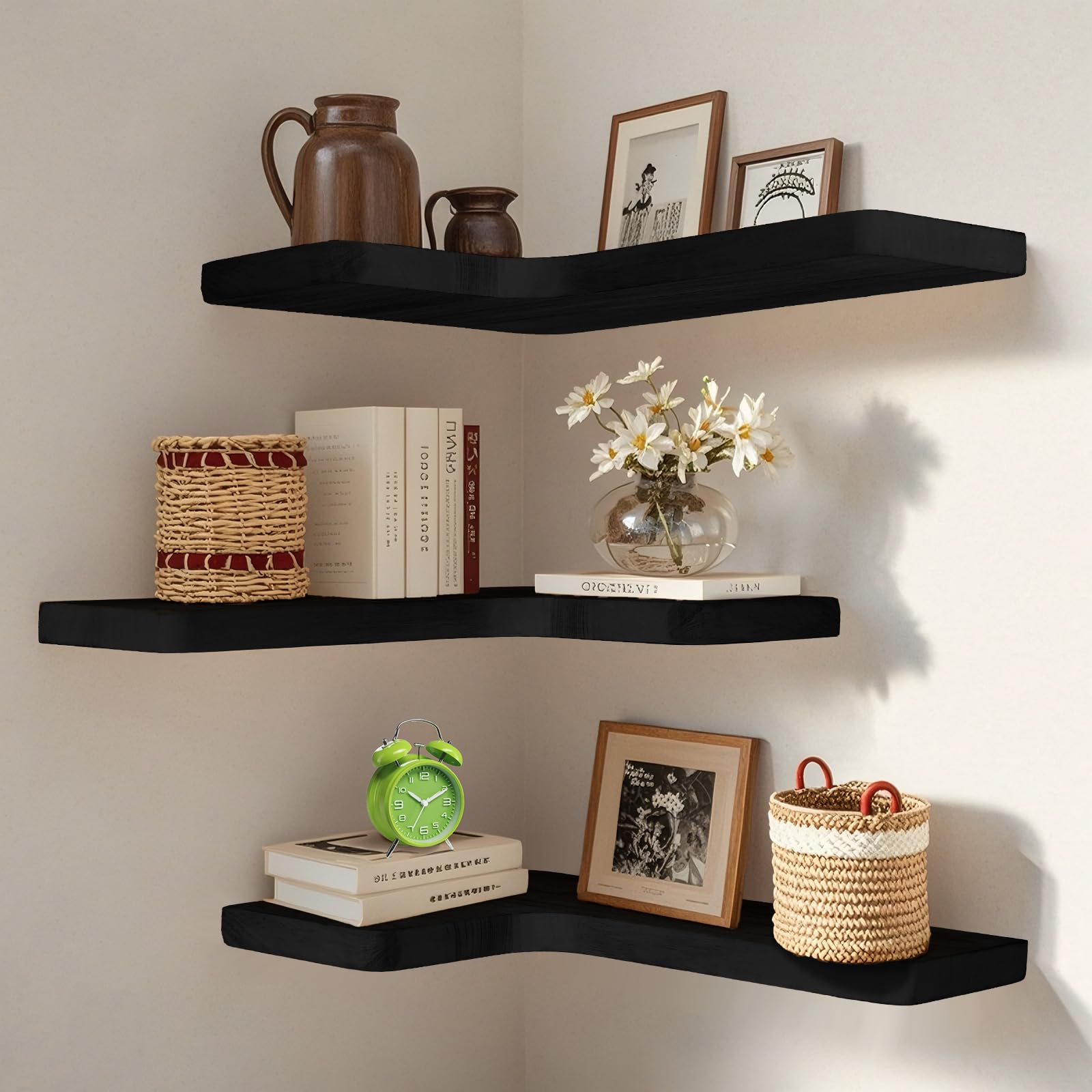 Jubilander floating corner shelves set of 3 in paulownia wood for stylish wall storage