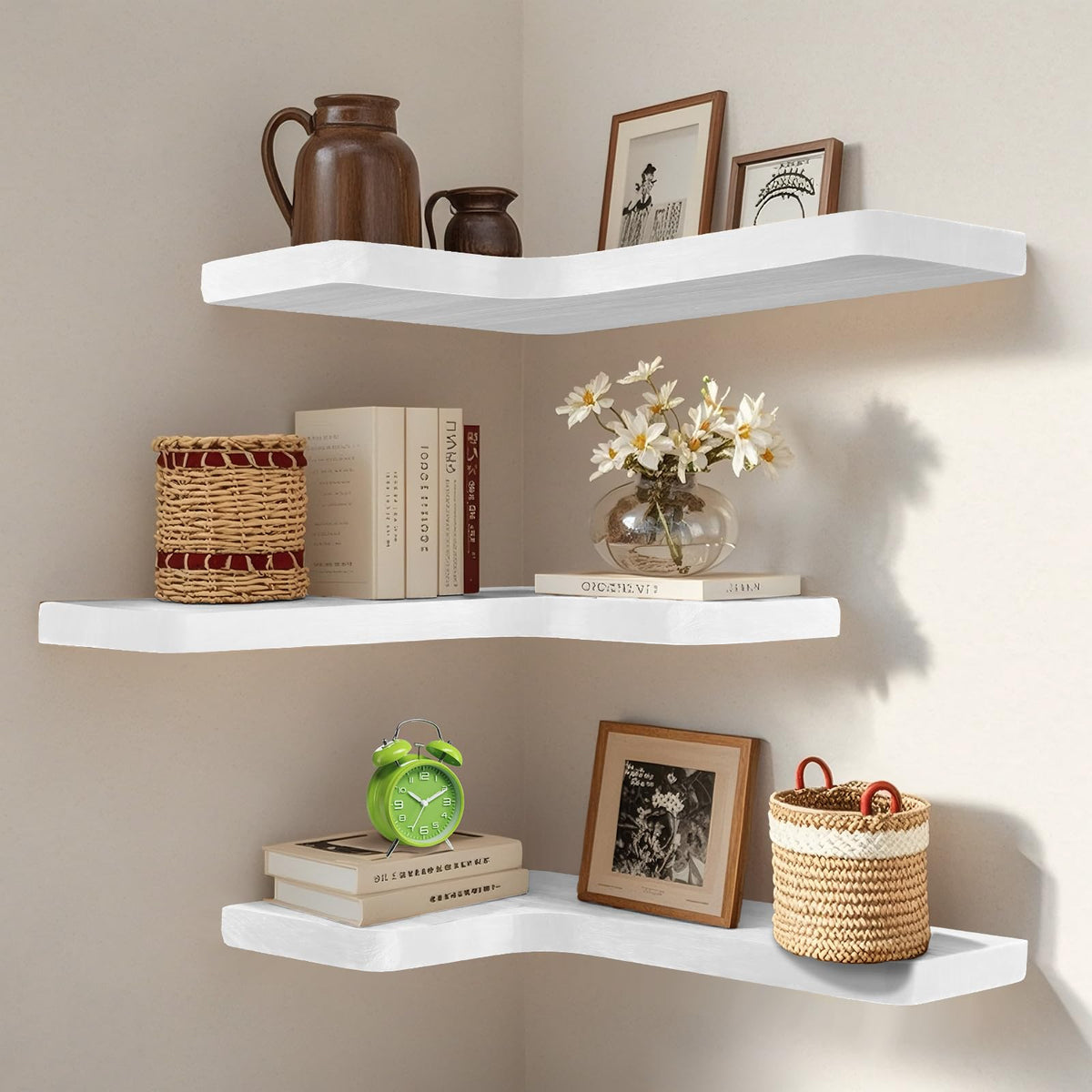 Jubilander floating corner shelves set of 3 in paulownia wood for space-saving storage