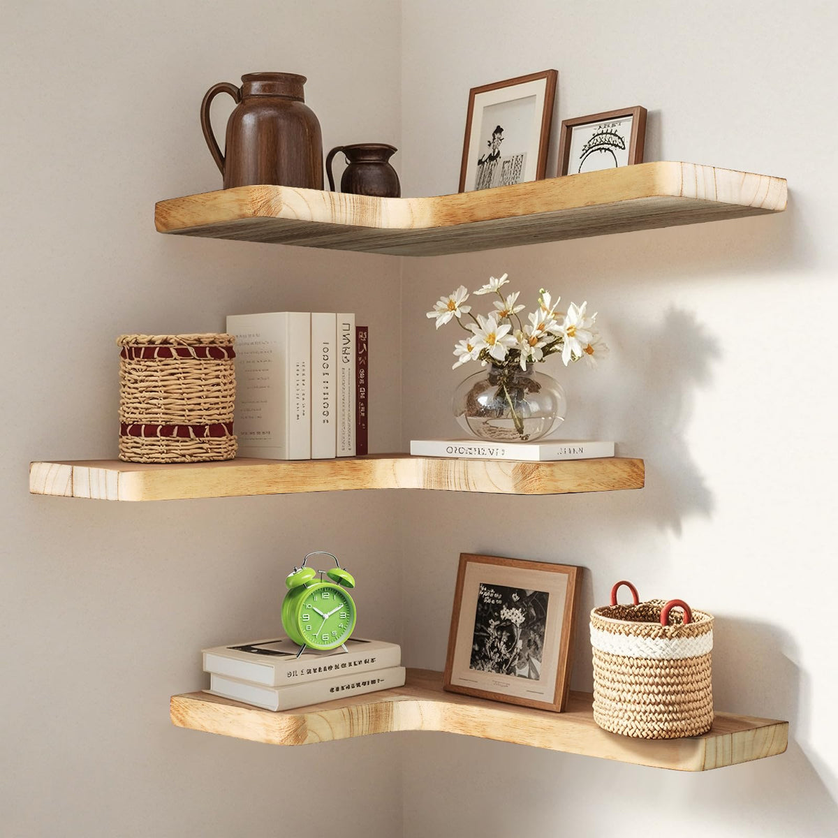 Jubilander floating corner shelves set in a living room for space-saving display.