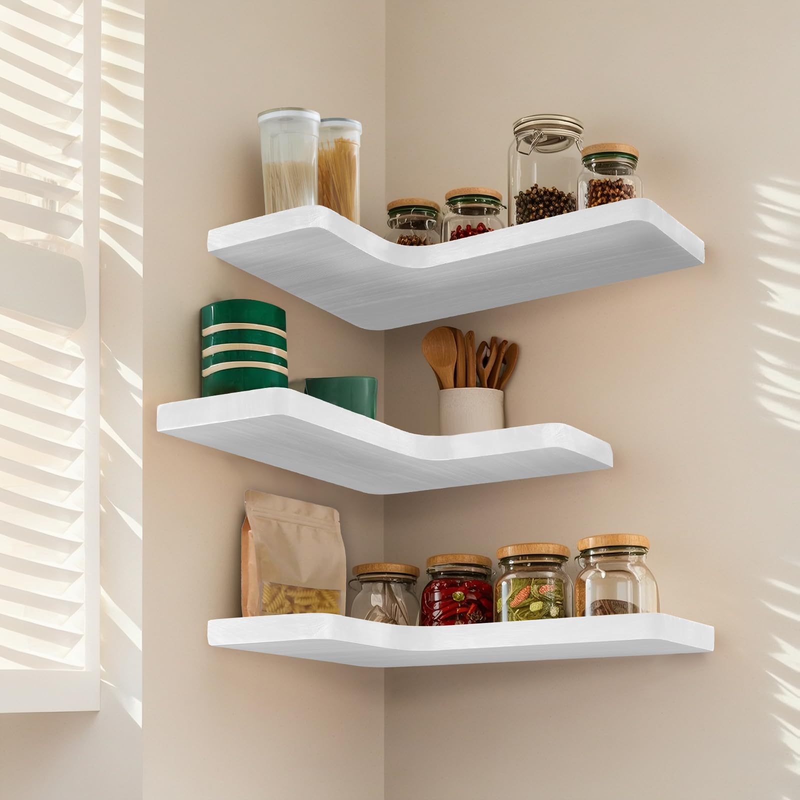 Jubilander kitchen corner shelves providing storage for jars and spices