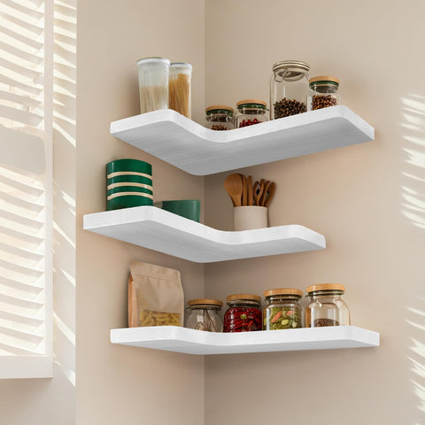 Jubilander kitchen corner shelves providing storage for jars and spices