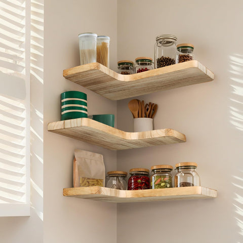 Jubilander kitchen jar storage on floating shelves for easy access.