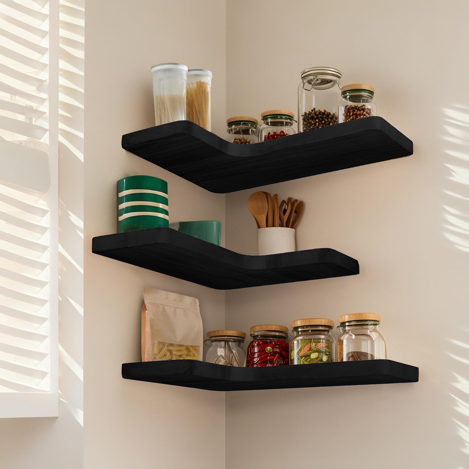 Jubilander living room wall display shelves showcasing photos and decor