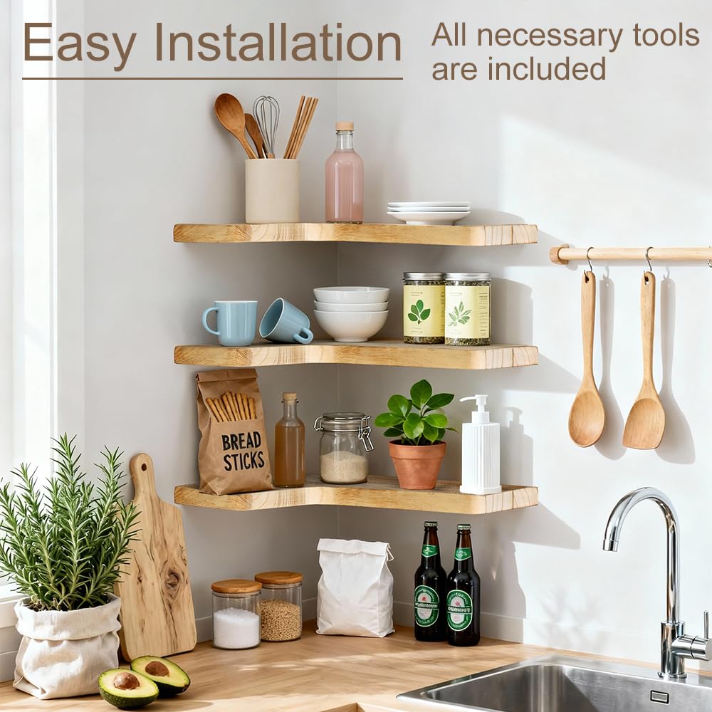 Jubilander wall-mounted shelves positioned in kitchen/bath area for compact storage.