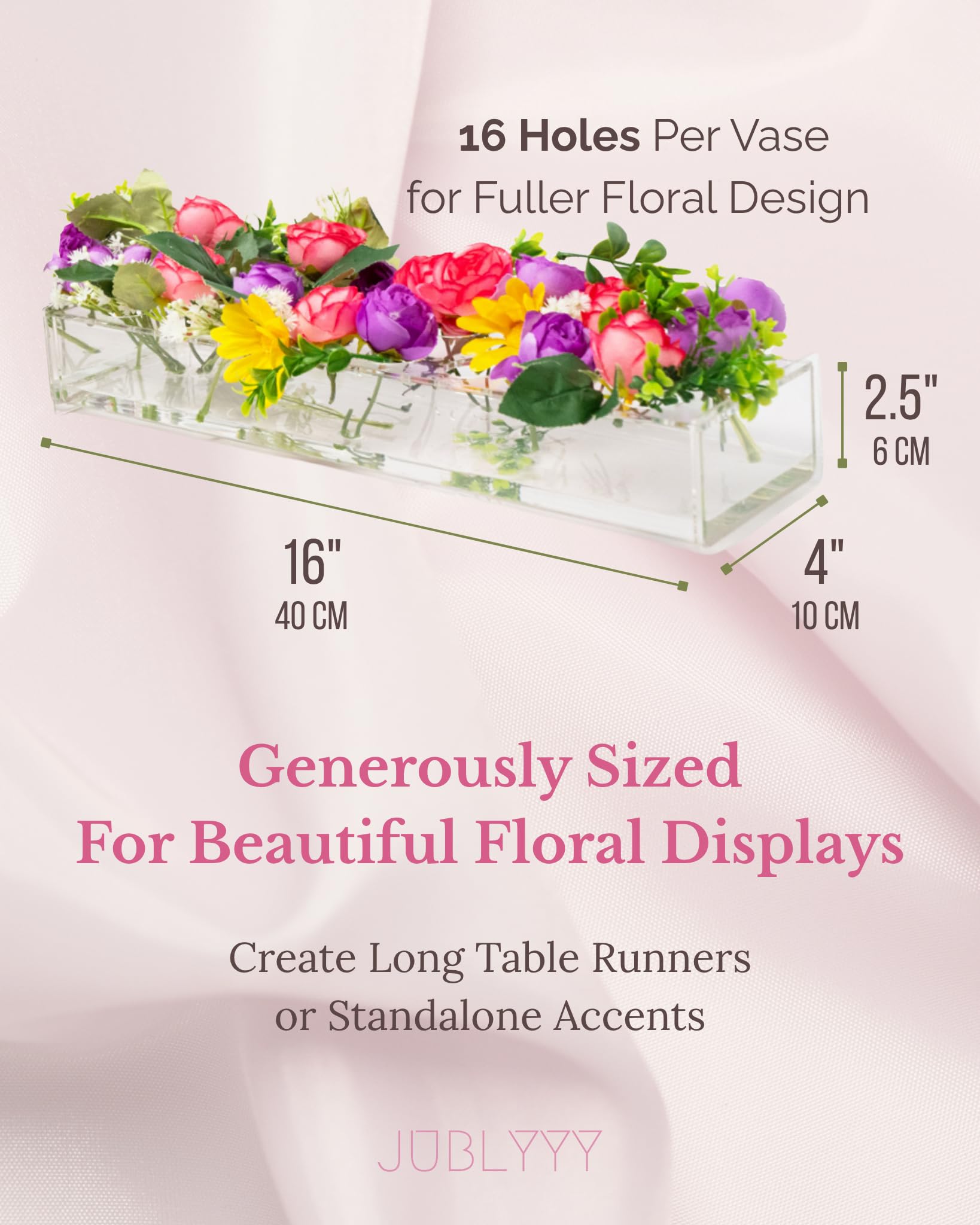 JUBLYYY rectangle acrylic vases long-table centerpieces provide a sleek visual centerpiece.