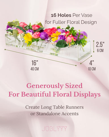 JUBLYYY rectangle acrylic vases long-table centerpieces provide a sleek visual centerpiece.