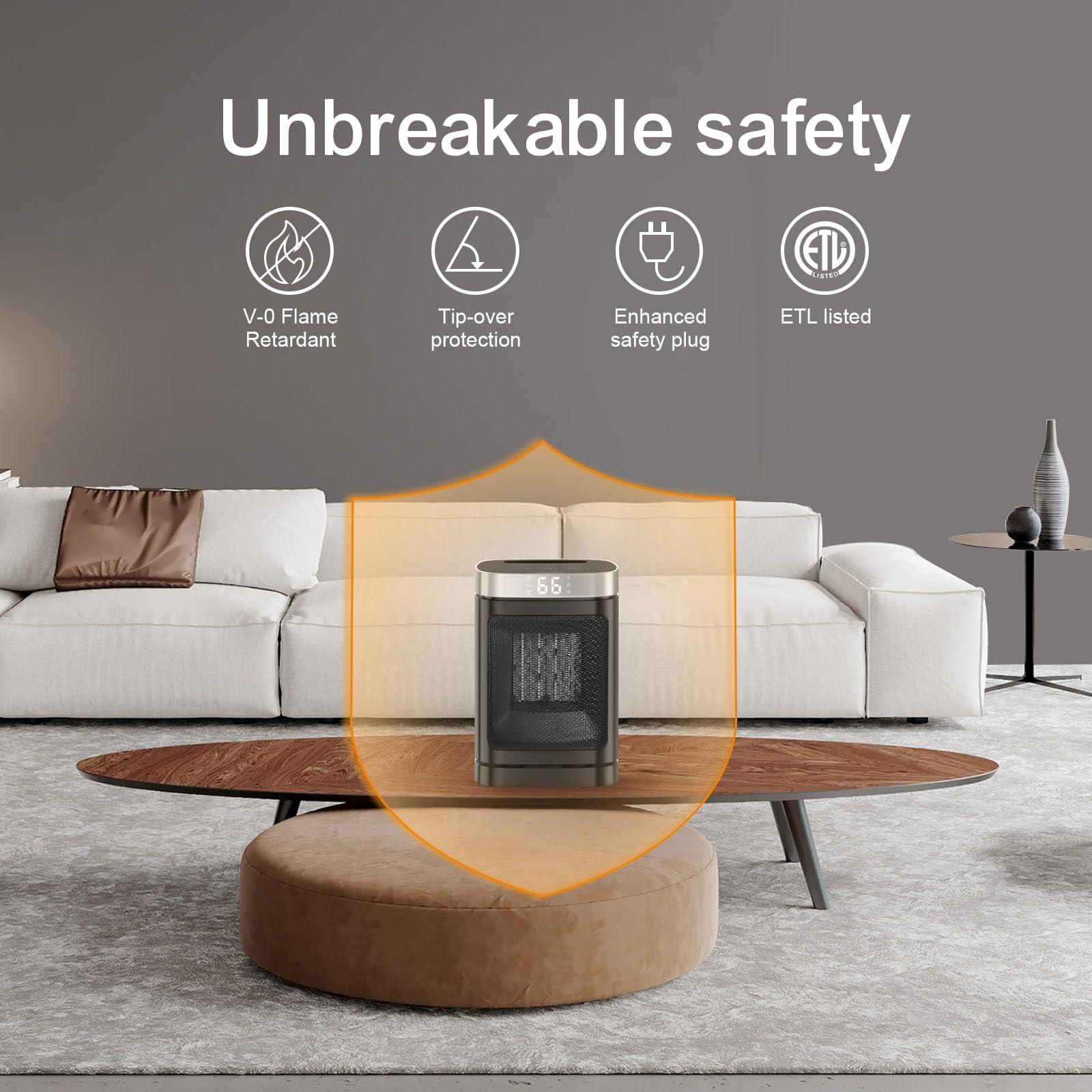JIBUFI ETL-certified heater with tip-over protection and flame-retardant housing.
