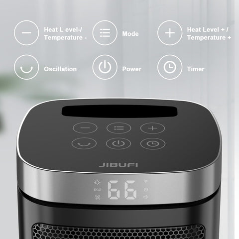 JIBUFI space heater with 70-degree rotation for broad room coverage.