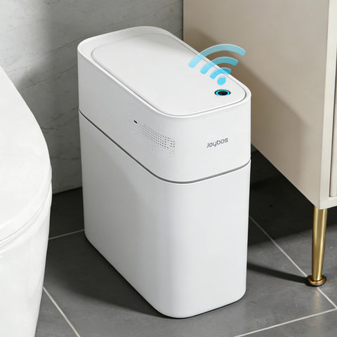JUDRDO slim 3.5-gallon bathroom trash can saves space in tight bathrooms.