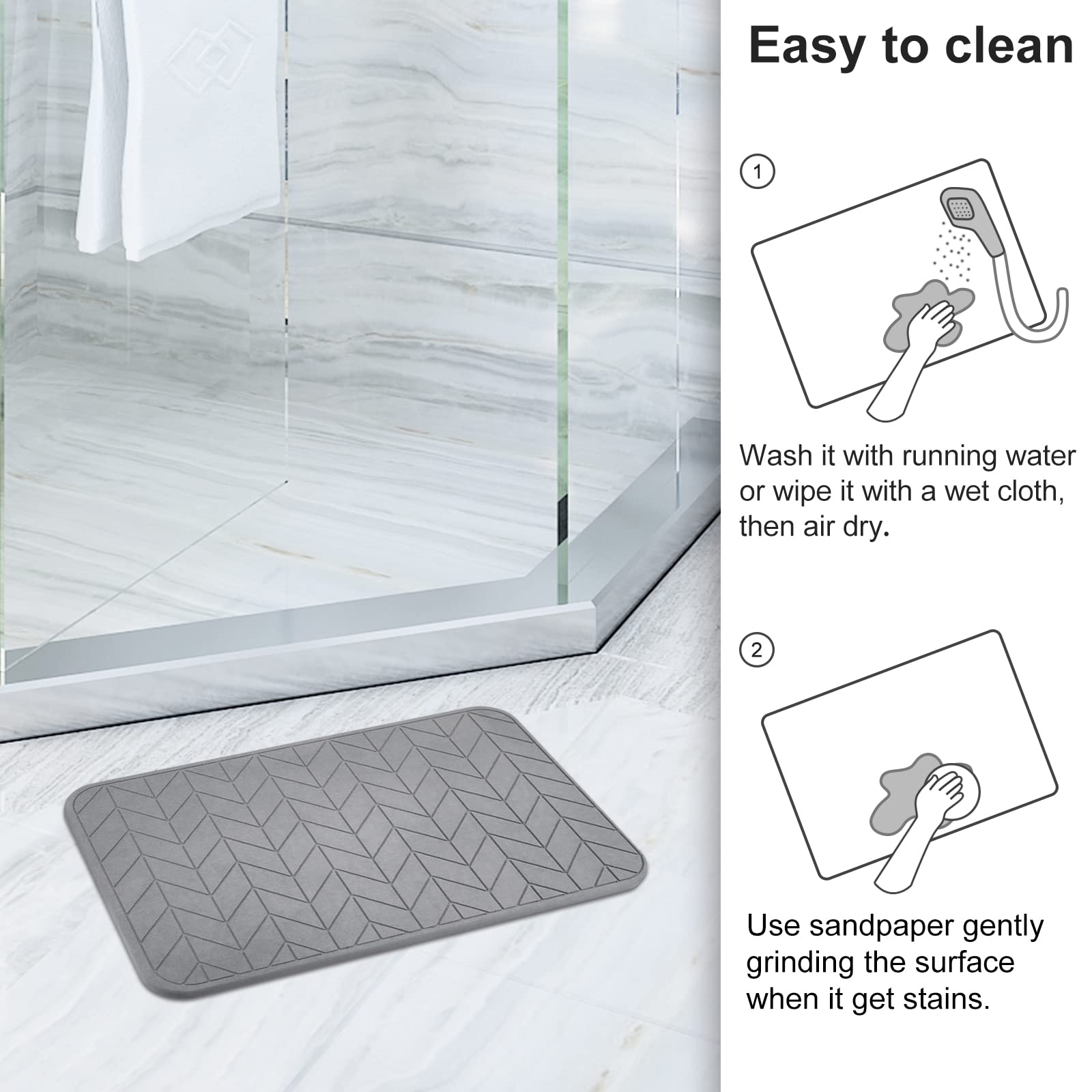 JUERLEN 24x16-inch mat fits standard showers and helps floor stay dry.